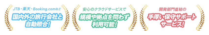 JTB・楽天・Booking.comなど国内外の旅行会社と自動照合 安心のクラウドサービスで規模や拠点を問わず利用可能 開発部門直結の手厚い保守サポートサービス